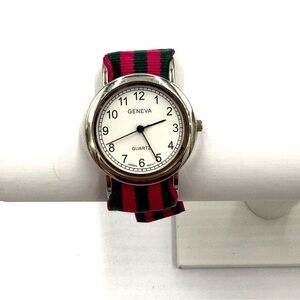 Vintage Geneva Silver Tone Water Resistant Watch with Pink & Navy Striped Band